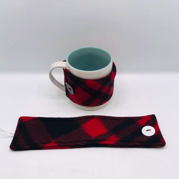 Handmade Mug Cozy, Plaid Fleece Red Black, Hot Beverage Cozy, Stocking Stuffer - Picture 4 of 6